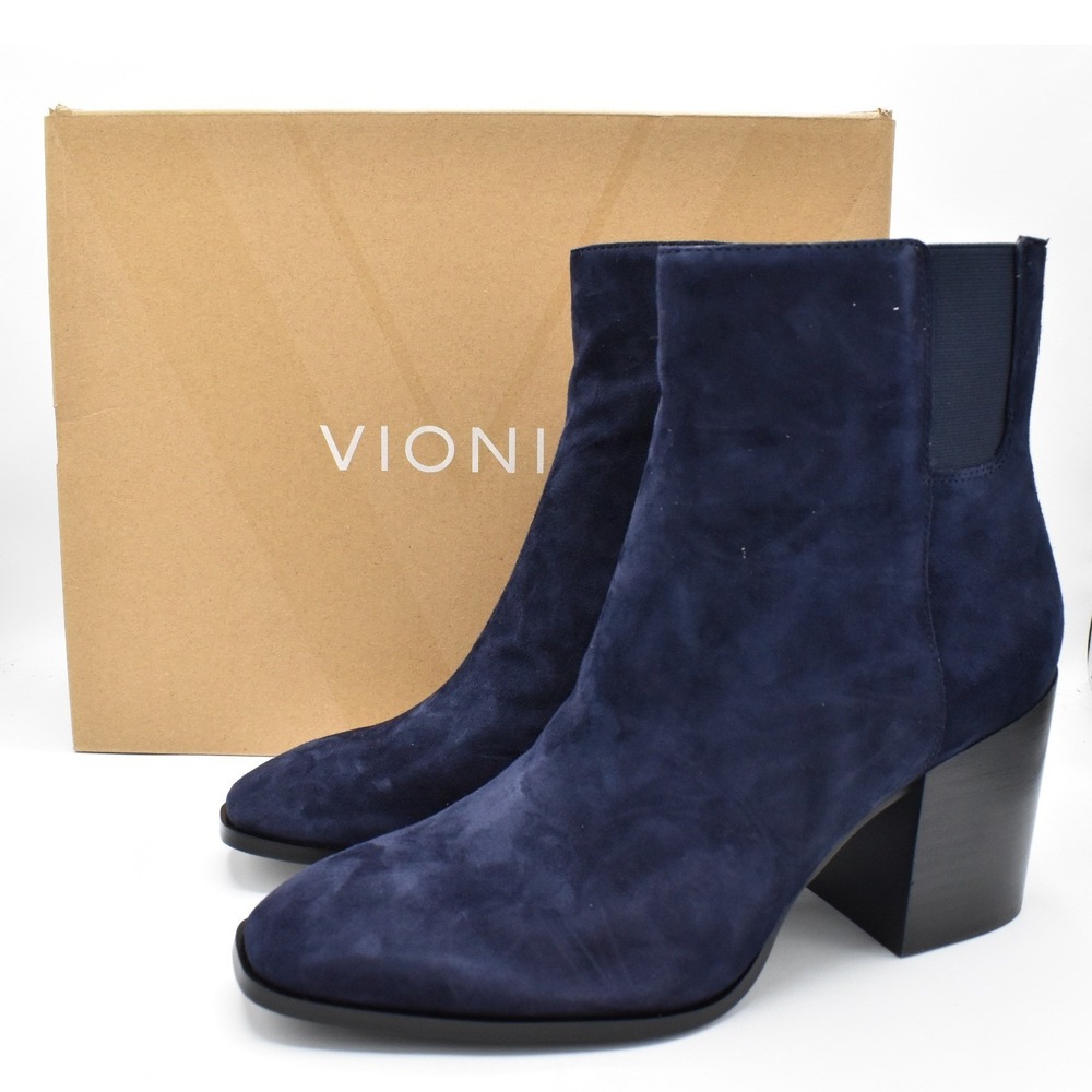 Vionic Ankle Boots Women 9.5 Navy Blue Suede Block Heel Side Zip Bootie Shoes
